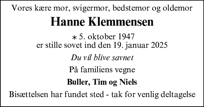 Dødsannonce for Lis Grete Hanne Klemmensen