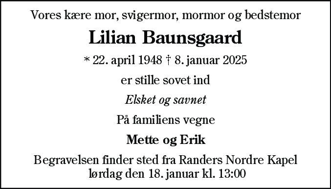 Dødsannonce for Lilian Baunsgaard