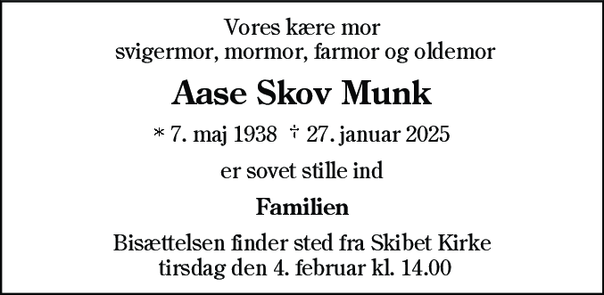 Dødsannonce for Aase Skov Munk