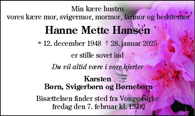 Dødsannonce for Hanne Mette Hansen