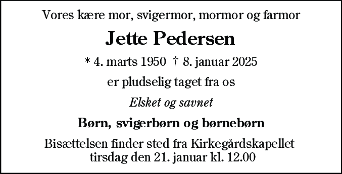 Dødsannonce for Jette Pedersen