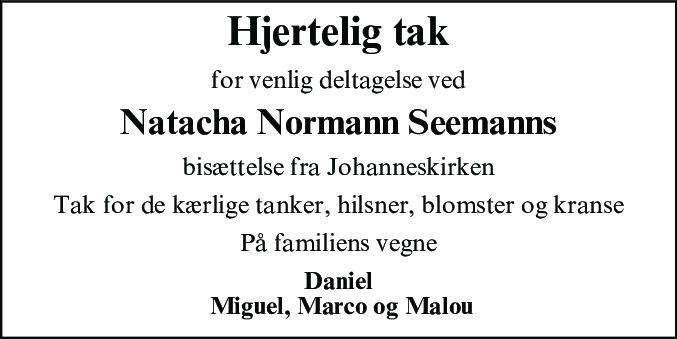 Dødsannonce for Natacha Normann Seemann