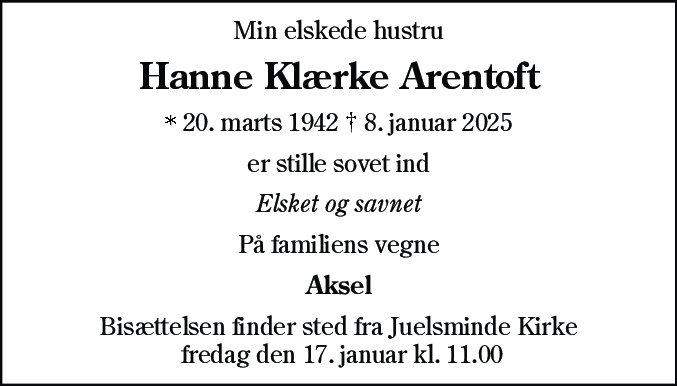 Dødsannonce for Hanne Klærke Arentoft