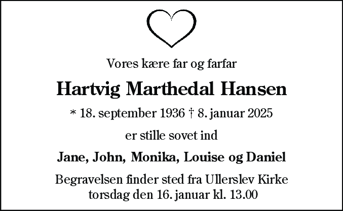 Dødsannonce for Hartvig Marthedal Hansen