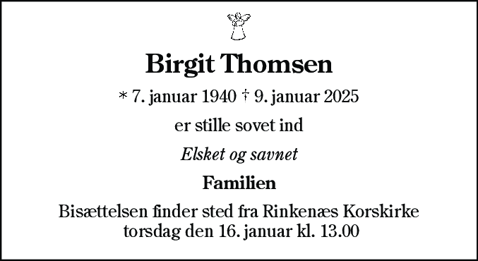 Dødsannonce for Birgit Thomsen