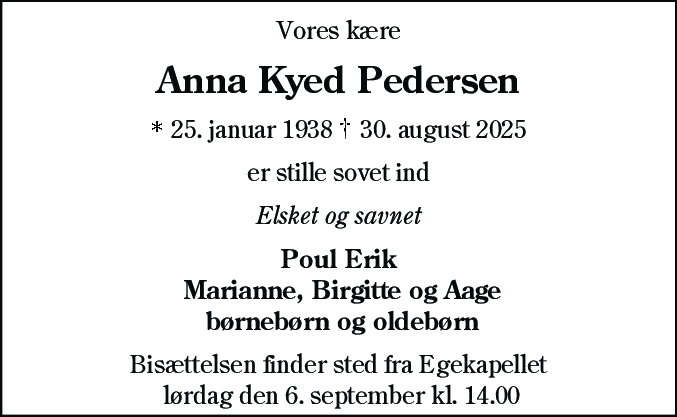 Dødsannonce for Anna Ryed Pedersen
