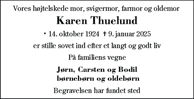 Dødsannonce for Karen Amanda Brødsgaard Thuelund