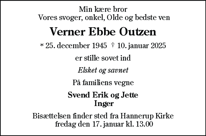 Dødsannonce for Verner Ebbe Outzen