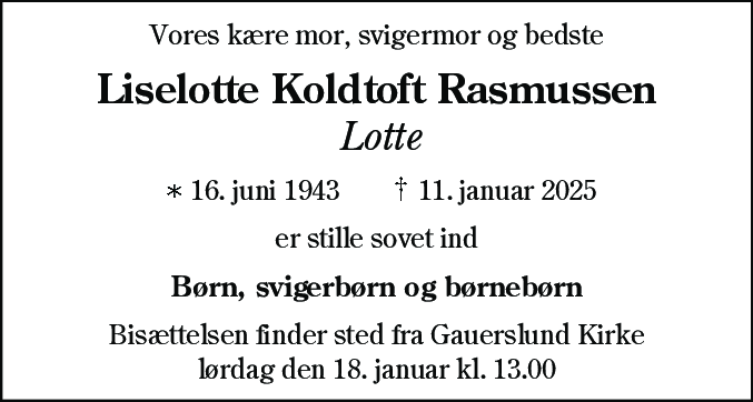 Dødsannonce for Liselotte Koldtoft Rasmussen