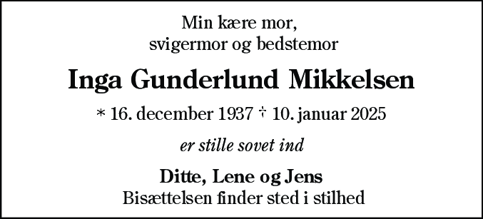 Dødsannonce for Inga Gunderlund Mikkelsen
