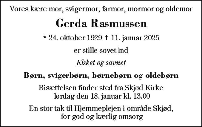 Dødsannonce for Gerda Viola Rasmussen