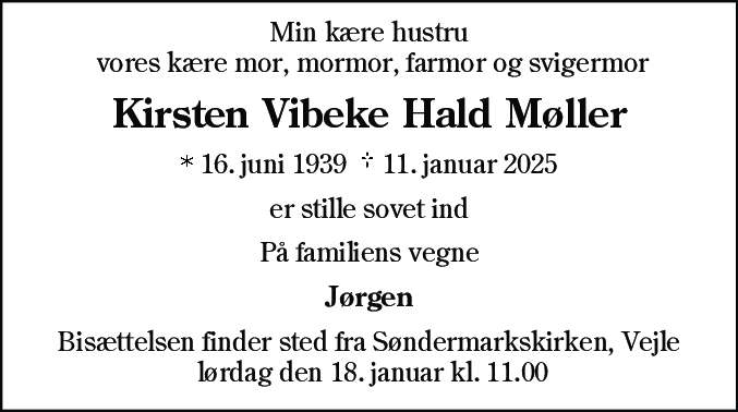 Dødsannonce for Kirsten Vibeke Hald Møller