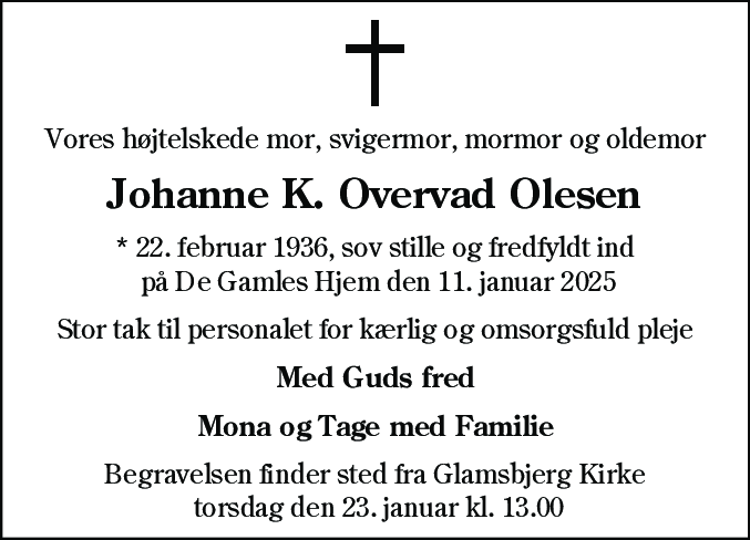 Dødsannonce for Johanne Karoline Overvad Olesen