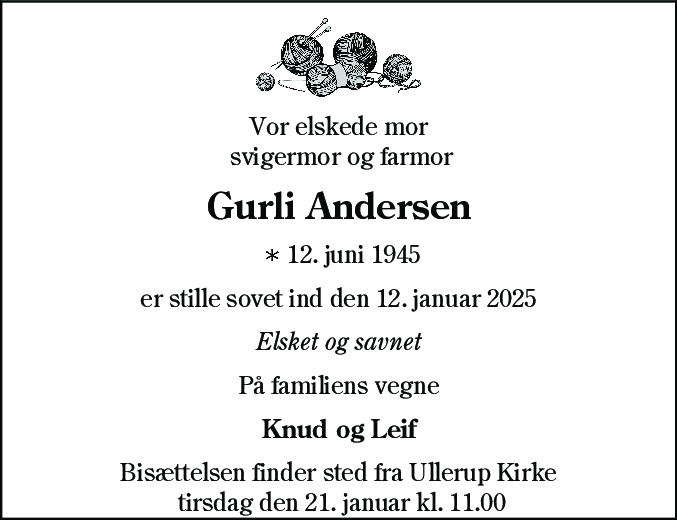 Dødsannonce for Gurli Andersen