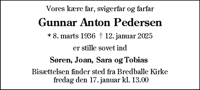 Dødsannonce for Gunnar Anton Pedersen