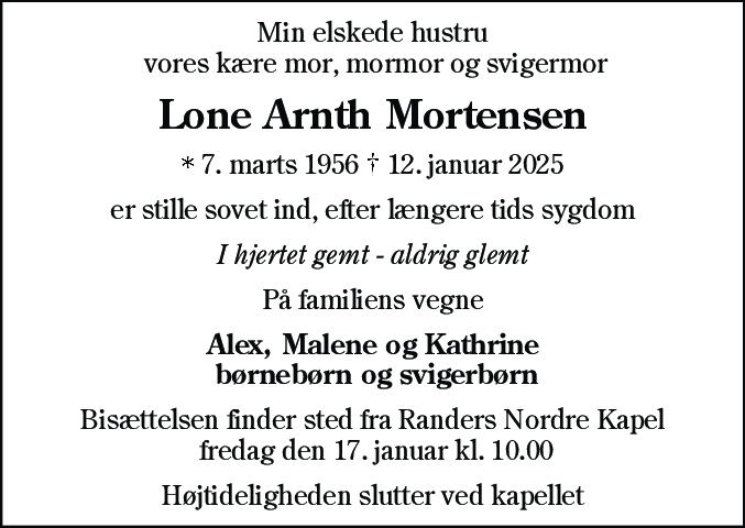 Dødsannonce for Lone Arnth Mortensen
