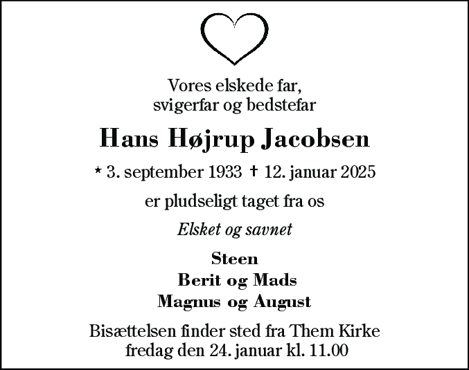 Dødsannonce for Hans Højrup Jacobsen