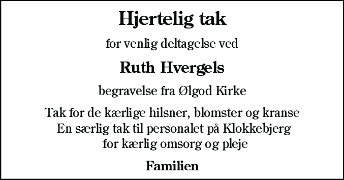 Dødsannonce for Ruth Hvergel