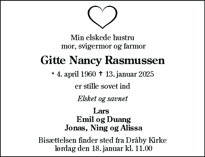 Dødsannonce for Gitte Nancy Rasmussen