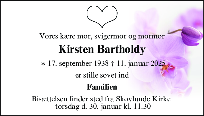 Dødsannonce for Kirsten Bartholdy