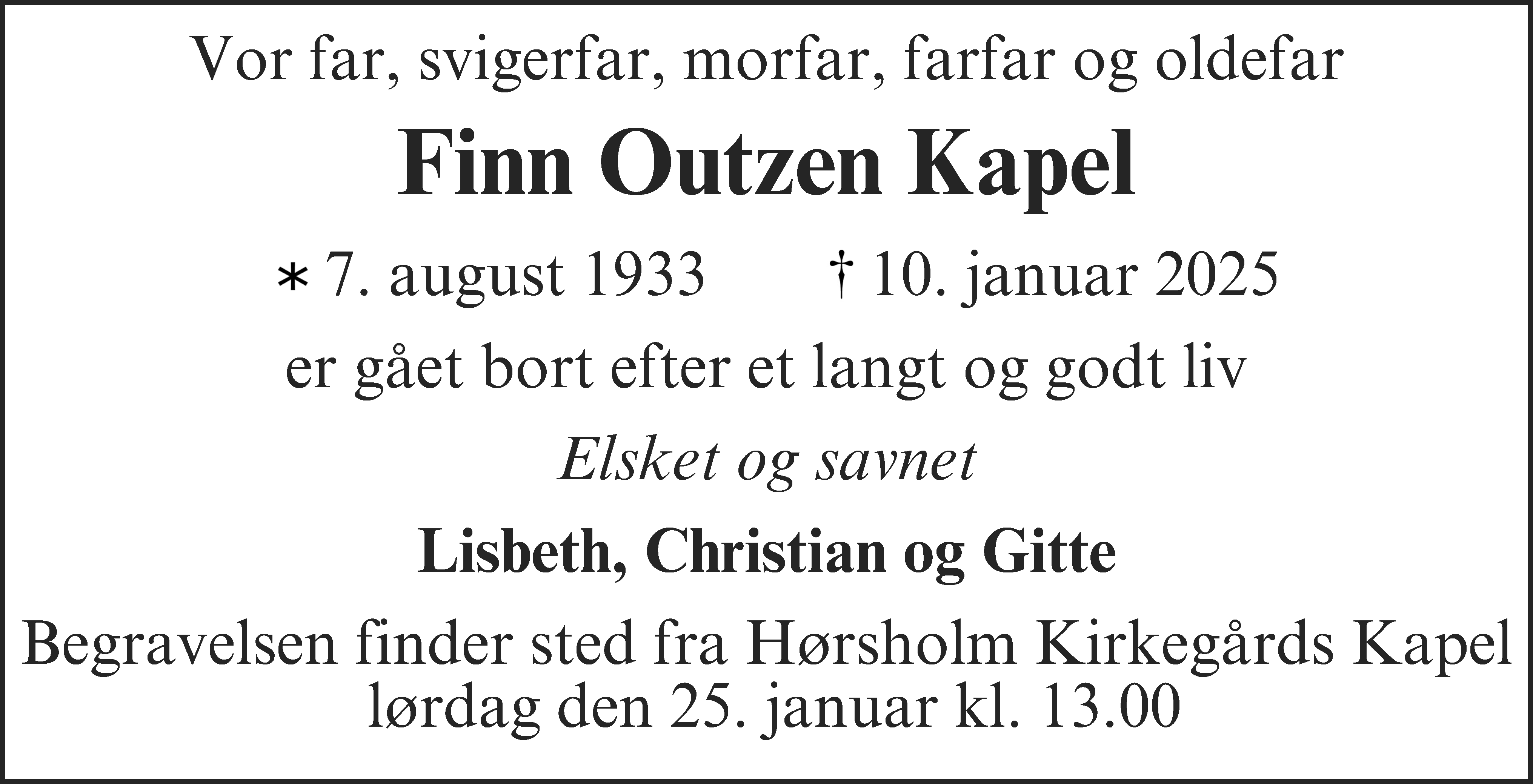 Dødsannonce for Finn Outzen Kapel