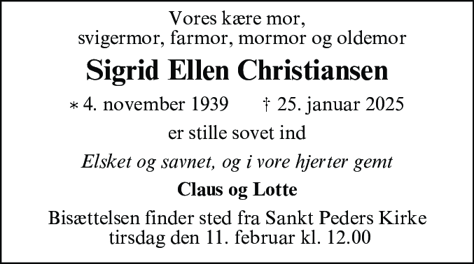 Dødsannonce for Sigrid Ellen Christiansen