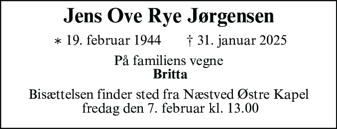 Dødsannonce for Jens Ove Rye Jørgensen
