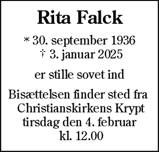 Dødsannonce for Rita Falck