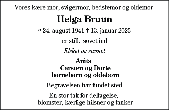 Dødsannonce for Helga Bruun