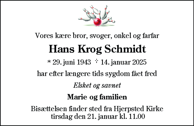 Dødsannonce for Hans Krog Schmidt
