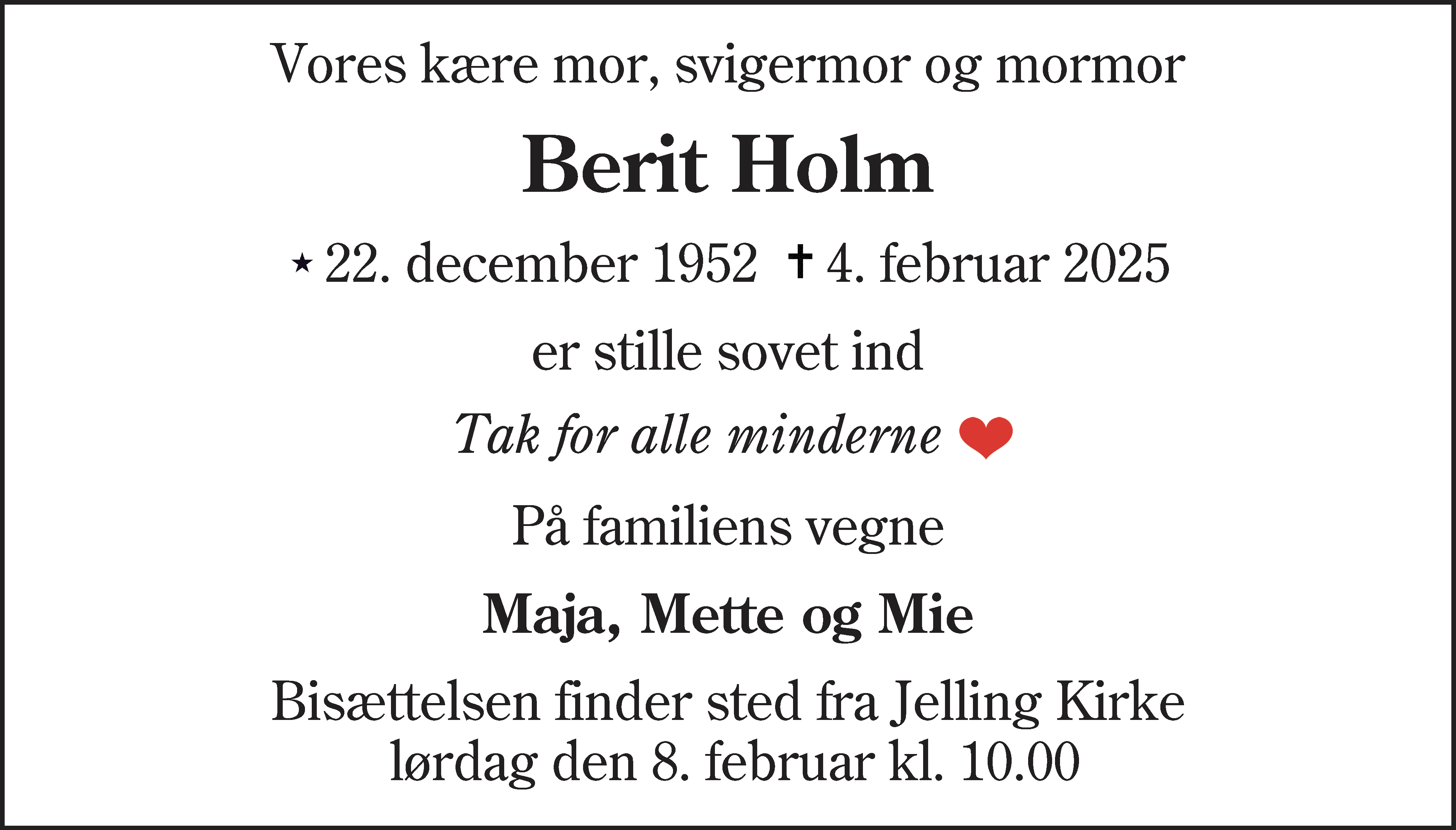 Dødsannonce for Berit Holm