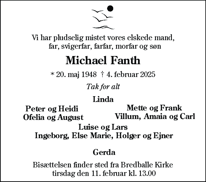 Dødsannonce for Michael Fanth