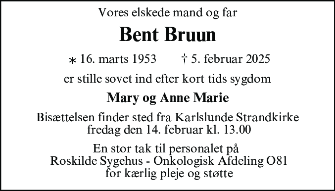 Dødsannonce for Bent Bruun