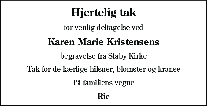 Dødsannonce for Karen Marie Kristensen