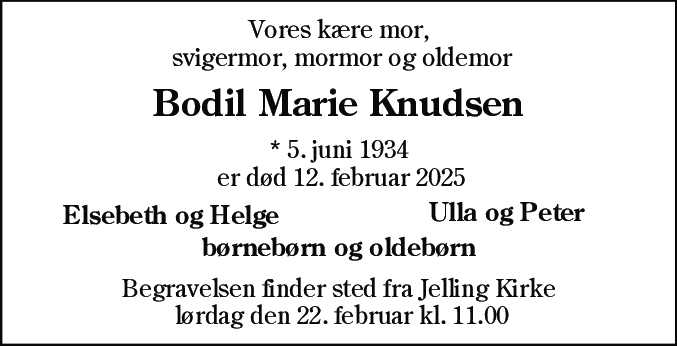Dødsannonce for Bodil Marie Knudsen
