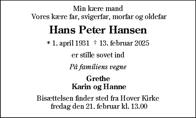 Dødsannonce for Hans Peter Hansen