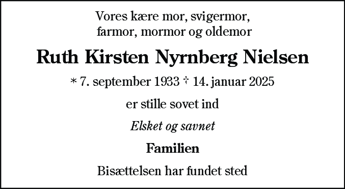 Dødsannonce for Ruth Kirsten Nyrnberg Nielsen