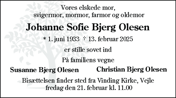 Dødsannonce for Johanne Sofie Bjerg Olesen