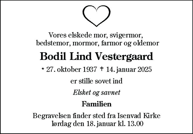 Dødsannonce for Bodil Lind Vestergaard