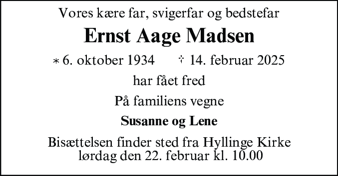 Dødsannonce for Ernst Aage Madsen