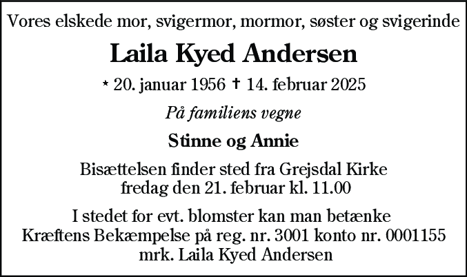 Dødsannonce for Laila Kyed Andersen