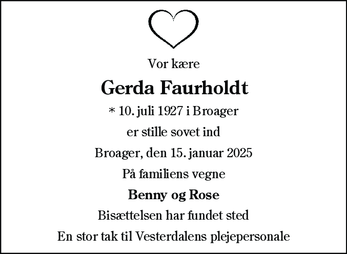 Dødsannonce for Gerda Faurholdt