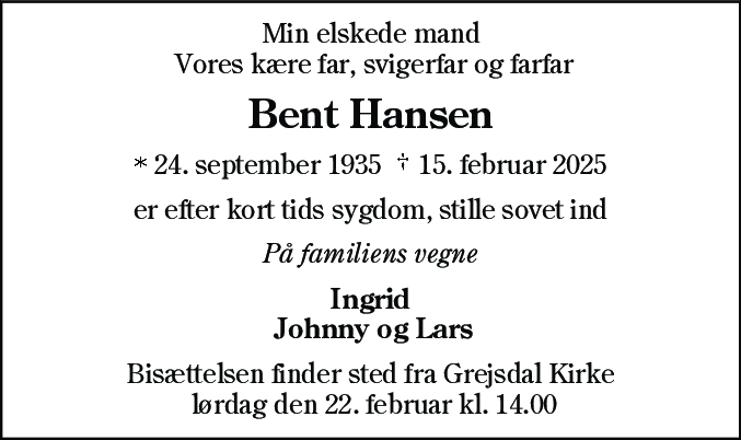 Dødsannonce for Bent Hansen