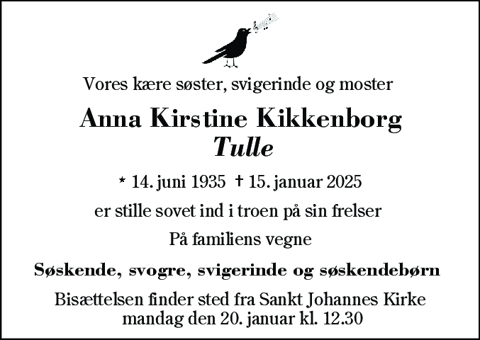 Dødsannonce for Anna Kirstine Kikkenborg