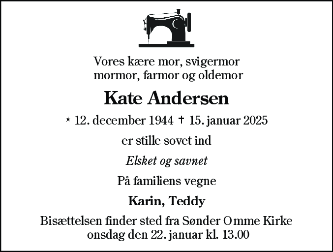 Dødsannonce for Kate Andersen