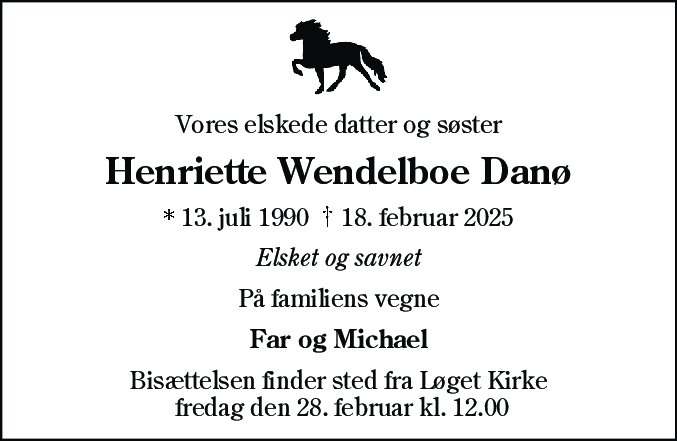 Dødsannonce for Henriette Wendelboe Danø