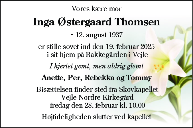 Dødsannonce for Inga Østergaard Thomsen