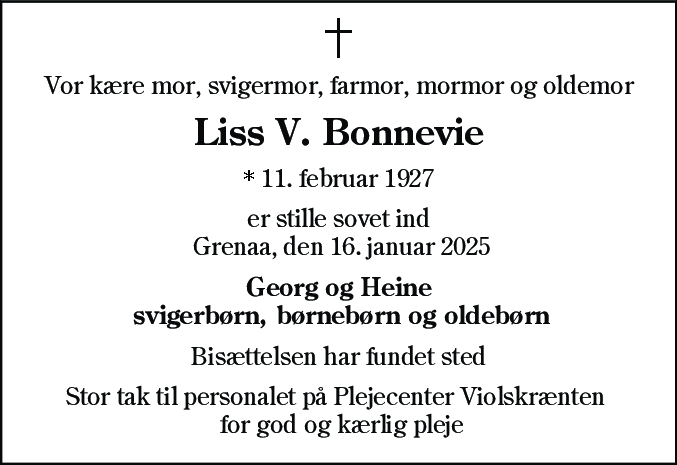Dødsannonce for Liss Vanda Bech Bonnevie