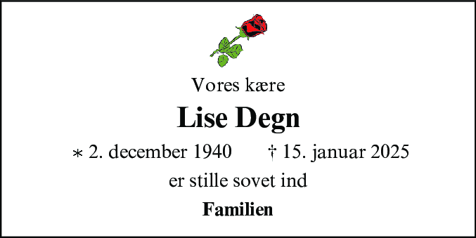 Dødsannonce for Lise Degn