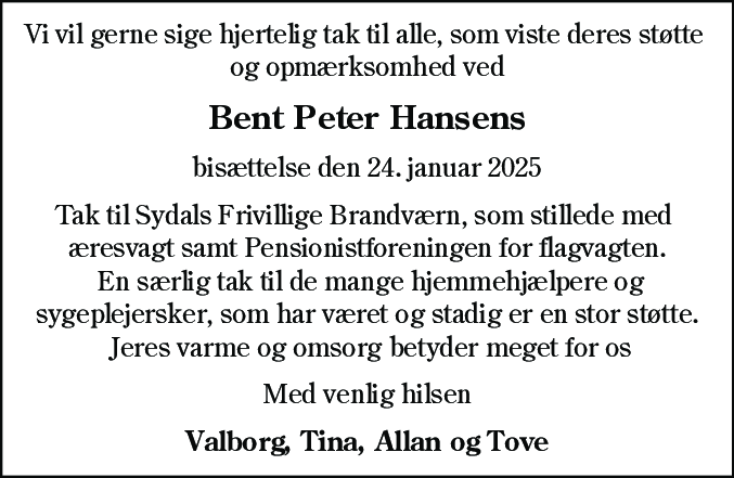 Dødsannonce for Bent Peter Hansen